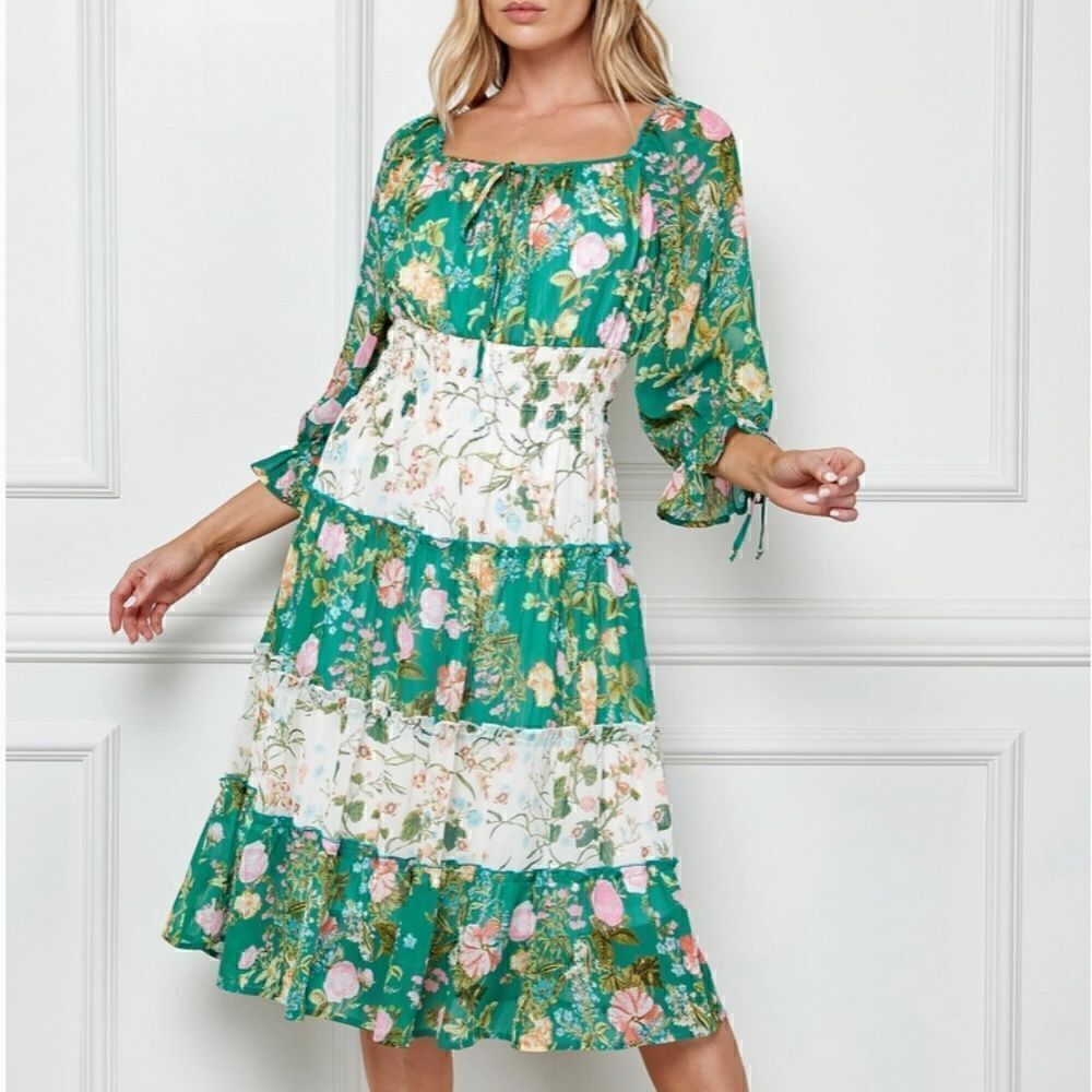 NEW! Gorgeous Layered Green Floral Boho Style Easter Dress Pullover Tie Neck